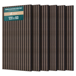 Lot de 6 panneaux acoustiques muraux Tasseaux en bois MDF avec feutre noir 120x60x2.1cm chêne foncé - voonot.com