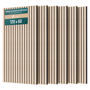 Lot de 6 panneaux acoustiques muraux Tasseaux en bois MDF avec feutre noir 120x60x2.1cm chêne blanc - voonot.com