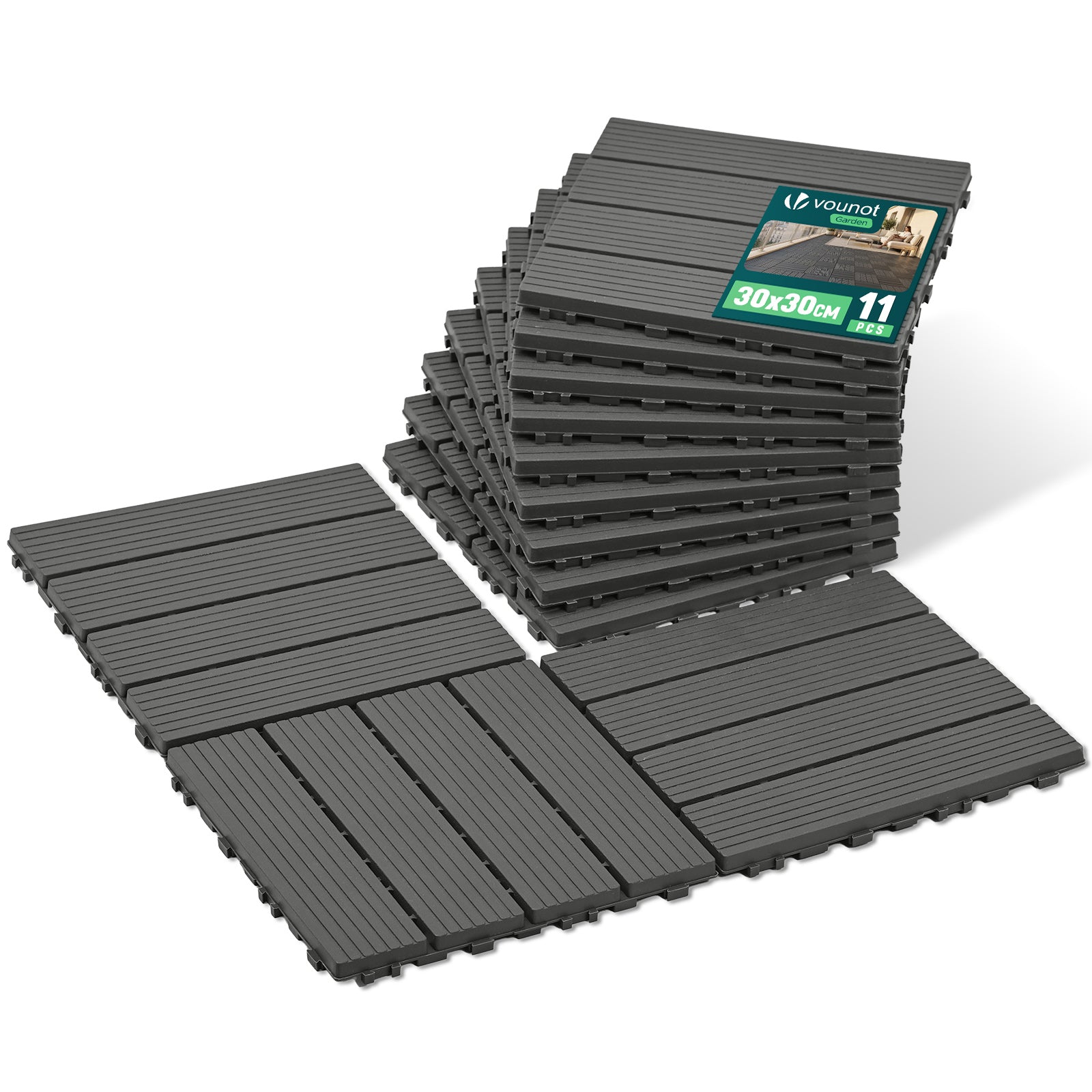 Lot de 11 dalles clipsables exterieures 30x30cm modulaire plastique anthracite - voonot.com