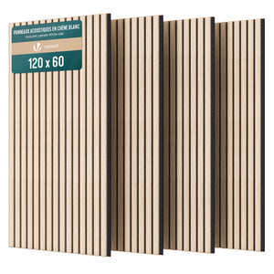 Lot de 4 panneaux acoustiques muraux Tasseaux en bois MDF avec feutre noir 120x60x2.1cm chêne blanc - voonot.com
