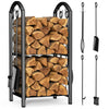 Porte buches cheminee avec 4 outils en metal noir - voonot.com