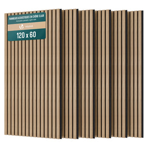 Lot de 6 panneaux acoustiques muraux Tasseaux en bois MDF avec feutre noir 120x60x2.1cm chêne clair - voonot.com