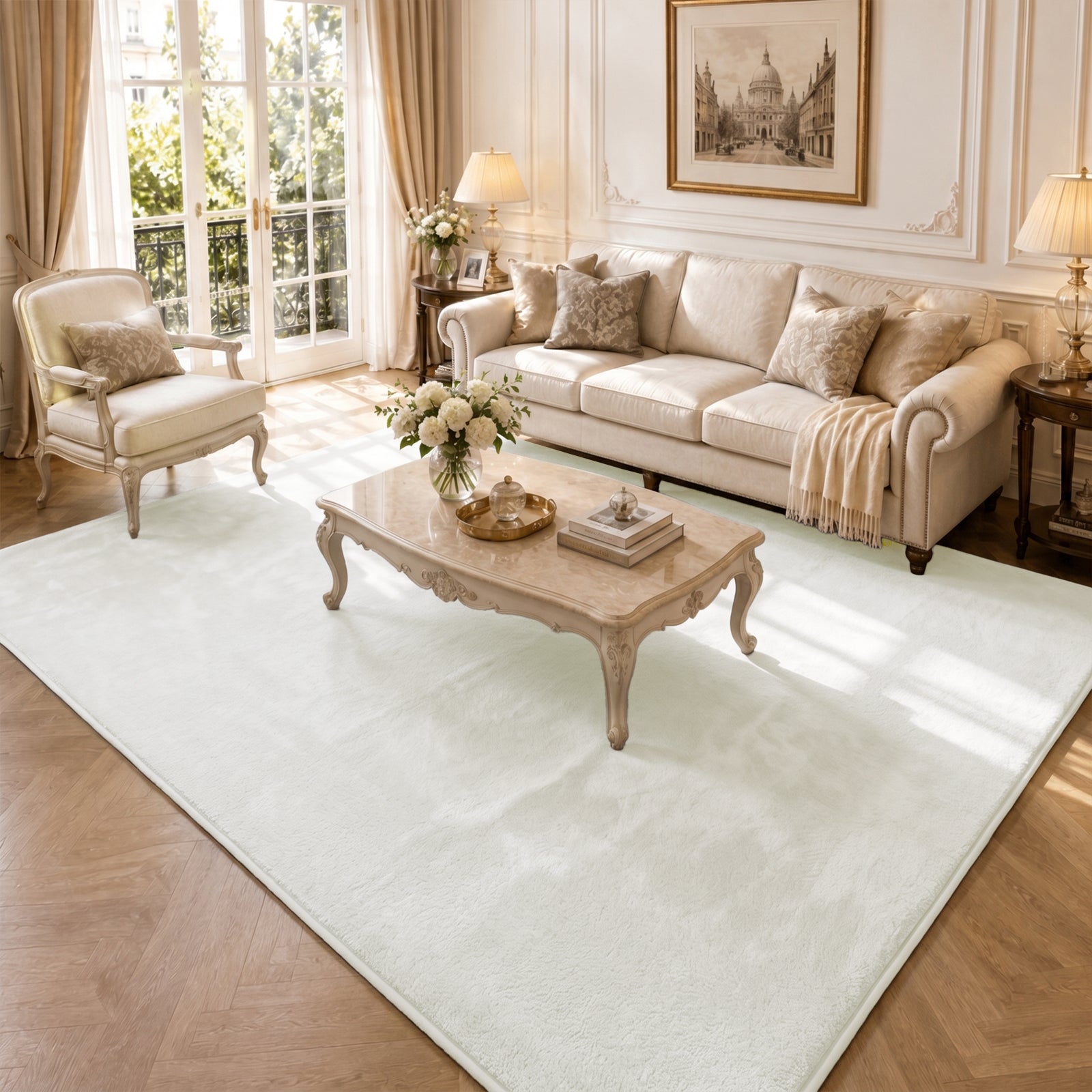Tapis de salon poils ras doux antiderapant 200x300cm uni crème - voonot.com